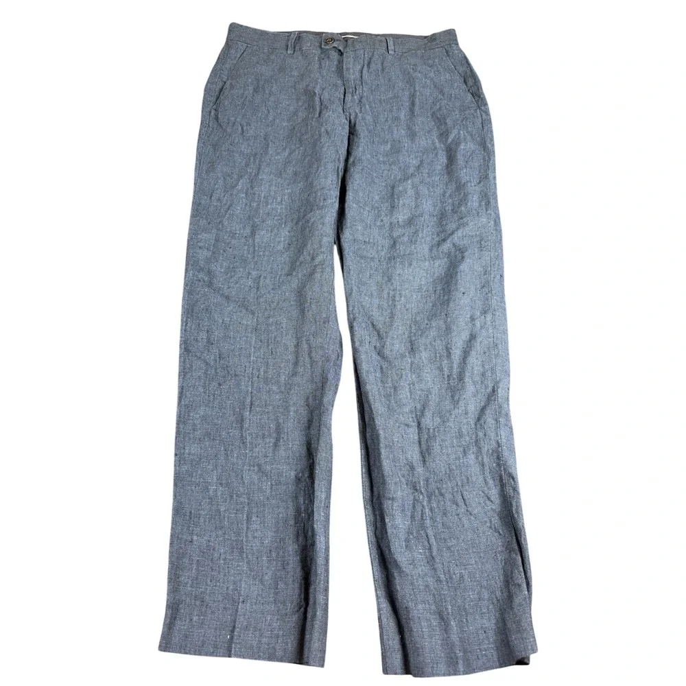 H&M Relaxed Fit Blue‎ 100% Linen Tapper Leg Pants Size 34R Summer Boho Minimal